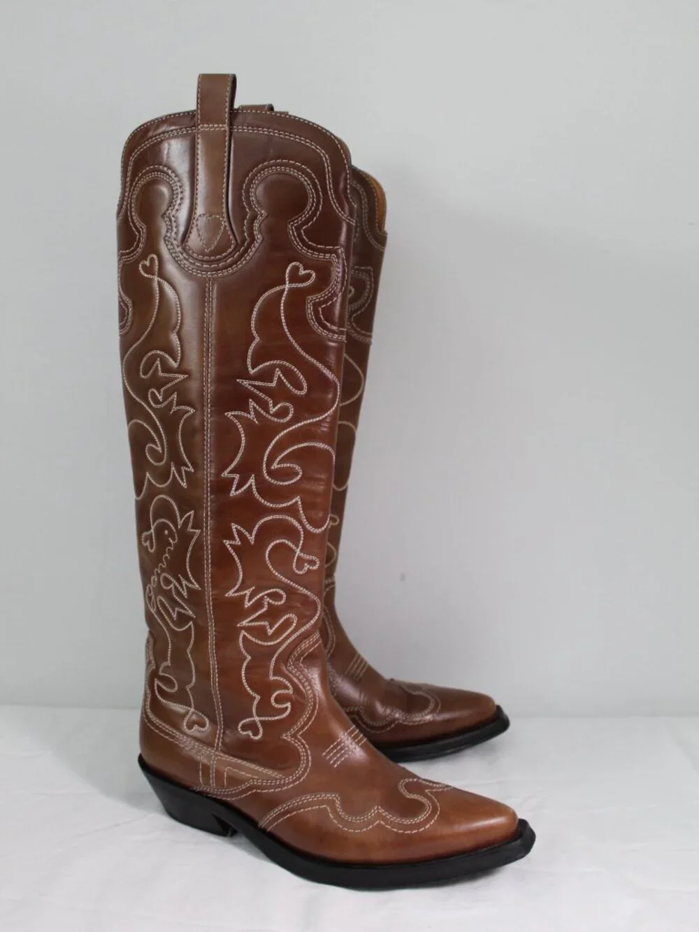 Ganni Knee High Leather Cowboy Western Boots Embroidered Brown Leather 40